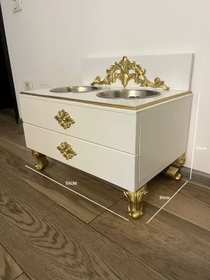 boluri ridicate pentru câini din inox cu suport elegant MDF alb și picioare aurii