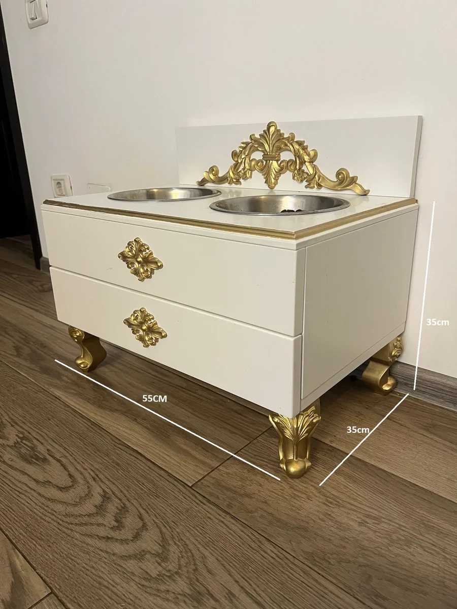 boluri ridicate pentru câini din inox cu suport elegant MDF alb și picioare aurii
