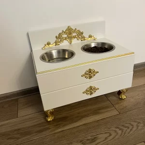 boluri ridicate pentru câini cu suport MDF alb și ornamente aurii cu sertar Vila Home Design