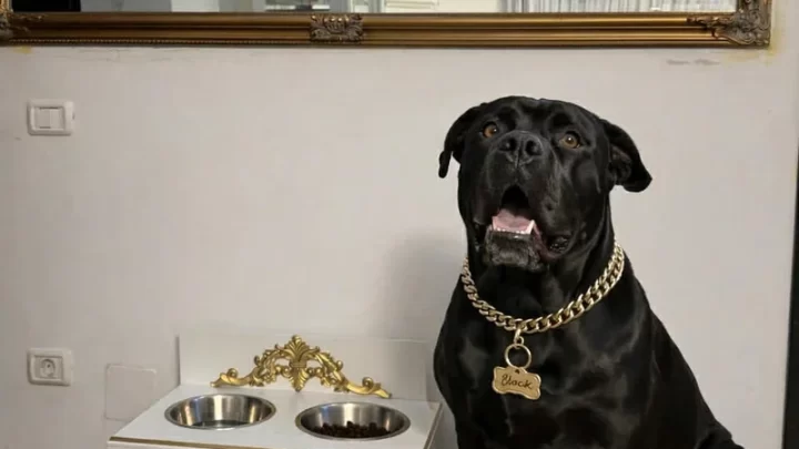 câine lângă boluri ridicate pentru câini cu suport MDF alb și ornamente aurii Vila Home Design