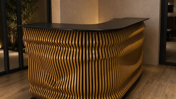 Mobilier de recepție premium cu front parametric auriu și structură neagră, integrat într-un interior elegant